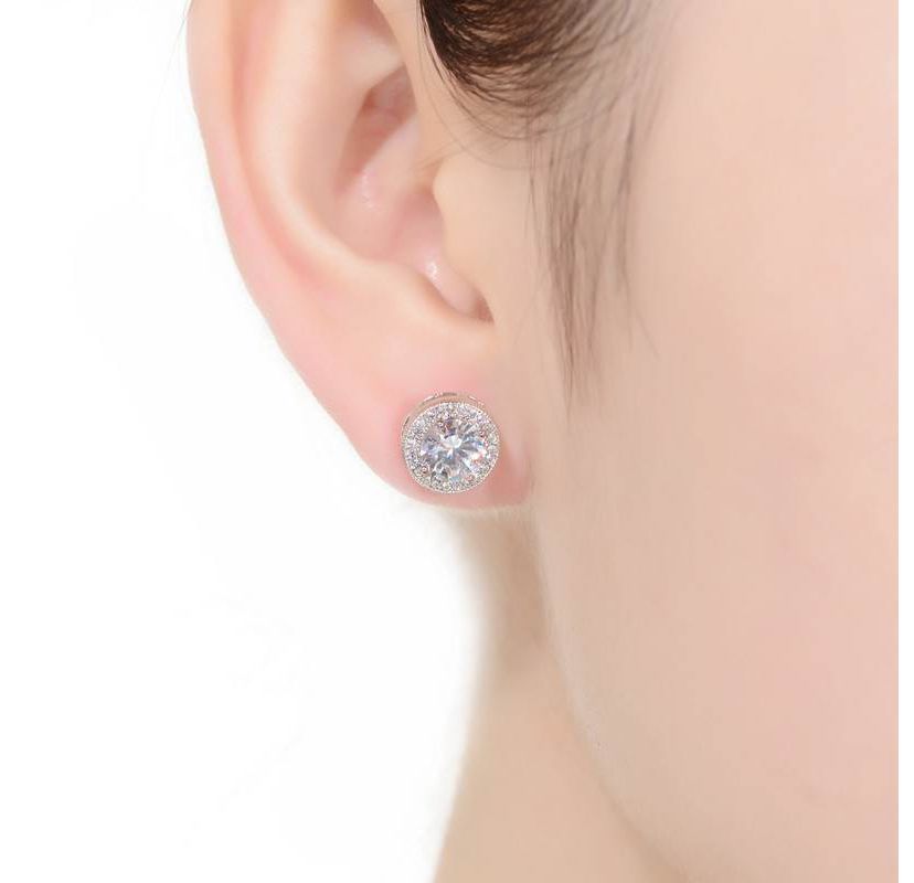 Lab Created Sterling Silver with Clear Round Cubic Zirconia Milgrain Set Halo Stud Earrings
