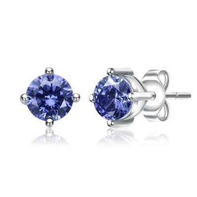 Rozzato Lab Created Sterling Silver with Colored Cubic Zirconia Solitaire Stud Earrings, Blue