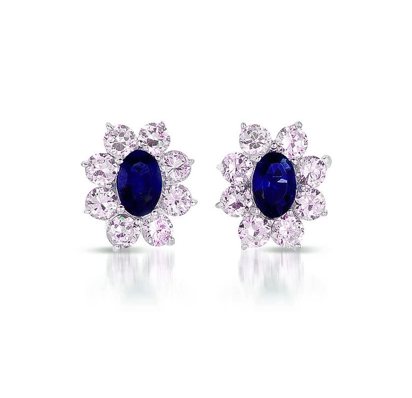 Lab Created Sterling Silver White Gold Plated with Colored Cubic Zirconia Flower Shape Earrings