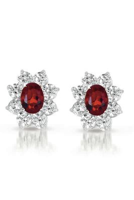 Rozzato Lab Created Sterling Silver White Gold Plated with Colored Cubic Zirconia Flower Shape Earrings, Red