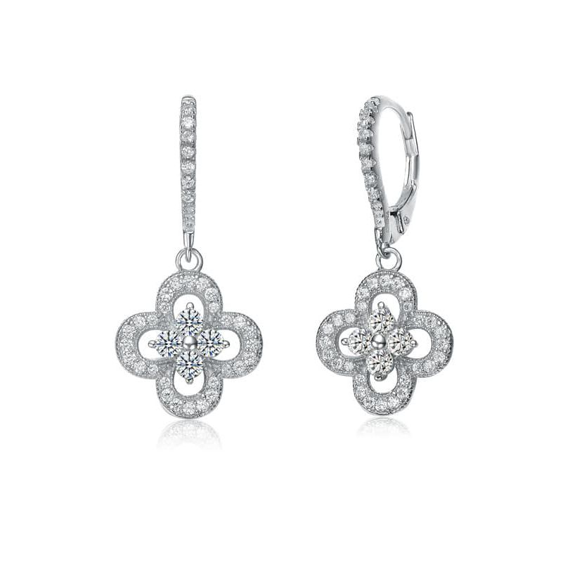 Lab Created Sterling Silver with Clear Cubic Zirconia Flower Shape Micro Pave Dangle Earrings