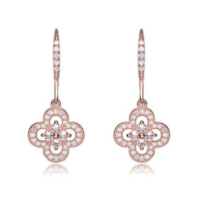 Rozzato Lab Created Sterling Silver with Clear Cubic Zirconia Flower Shape Micro Pave Dangle Earrings, Pink