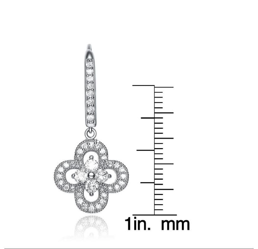 Lab Created Sterling Silver with Clear Cubic Zirconia Flower Shape Micro Pave Dangle Earrings