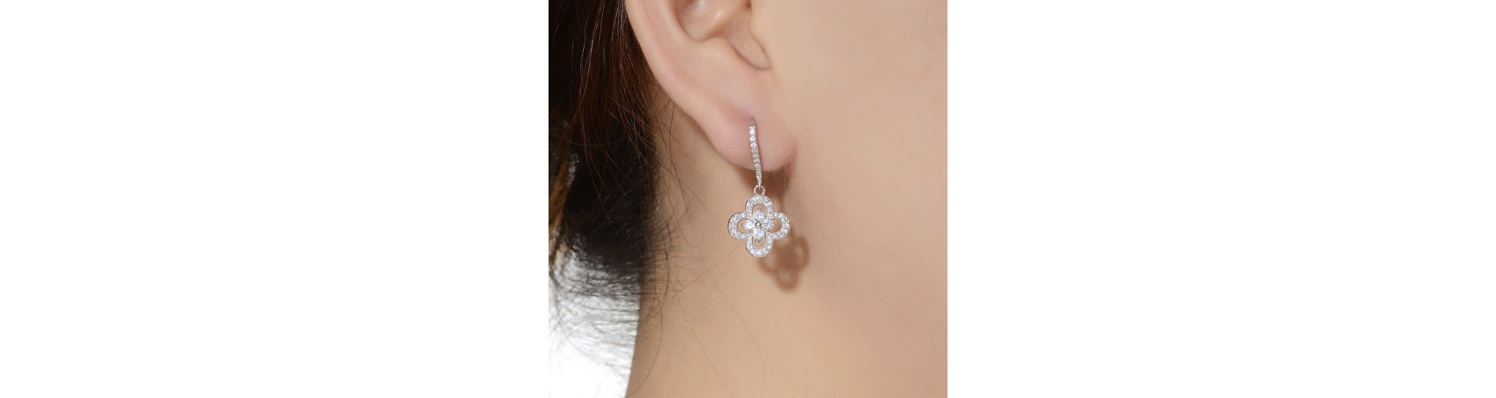 Lab Created Sterling Silver with Clear Cubic Zirconia Flower Shape Micro Pave Dangle Earrings