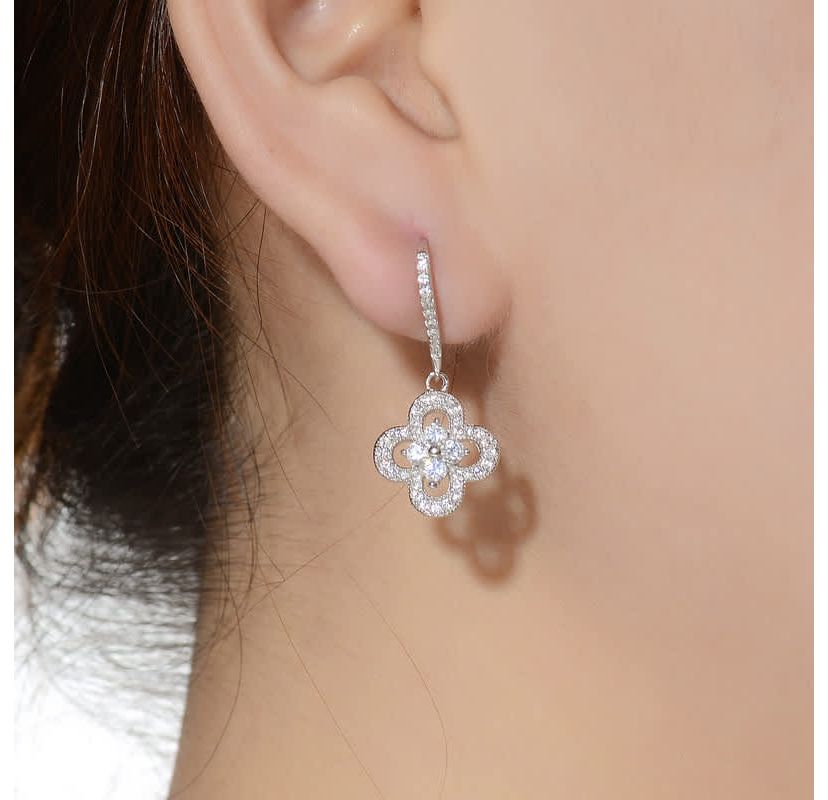 Lab Created Sterling Silver with Clear Cubic Zirconia Flower Shape Micro Pave Dangle Earrings