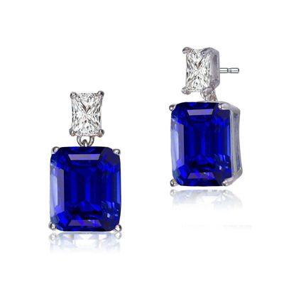 Rozzato Lab Created Sterling Silver White Gold Plated with Clear and Colored Cubic Zirconia Two-Stone Drop Earrings, Blue