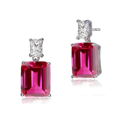 Rozzato Lab Created Sterling Silver White Gold Plated with Clear and Colored Cubic Zirconia Two-Stone Drop Earrings, Red