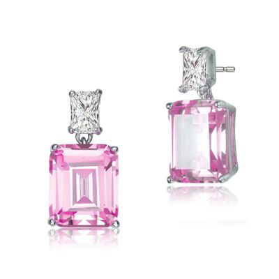 Rozzato Lab Created Sterling Silver White Gold Plated with Clear and Colored Cubic Zirconia Two-Stone Drop Earrings, Green