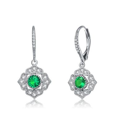 Rozzato Lab Created Sterling Silver White Gold Plated with Round Colored Cubic Zirconia Petal Flower Style Earrings, Green