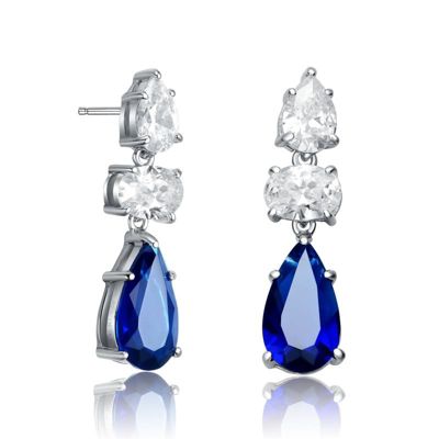 Rozzato Lab Created Sterling Silver White Gold Plated with Colored Pear Shape and Oval Cubic Zirconia Drop Earrings, Blue