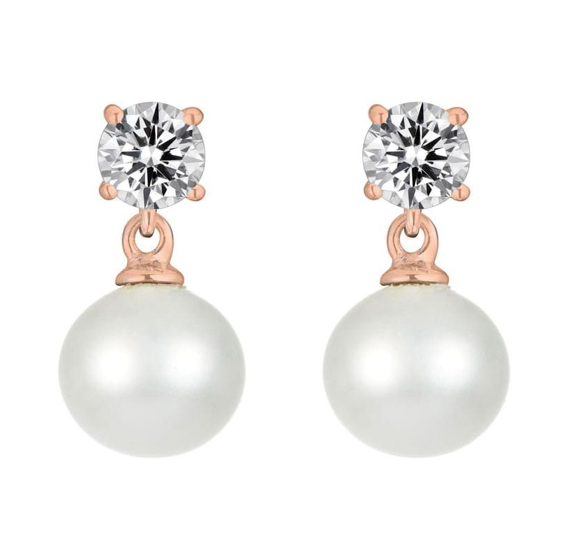 Lab Created Sterling Silver with Clear Cubic Zirconia & White Pearl Drop Earrings