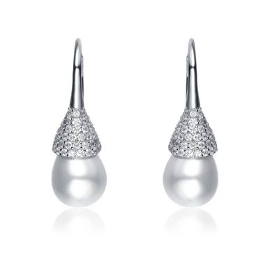 Rozzato Lab Created Sterling Silver with Clear Cubic Zirconia & Pearl Bulb Earrings, White