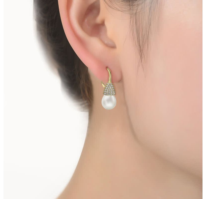 Lab Created Sterling Silver with Clear Cubic Zirconia & Pearl Bulb Earrings