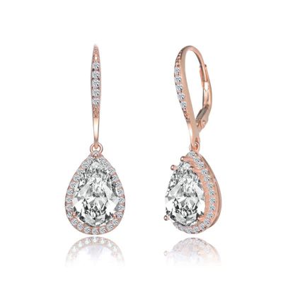 Rozzato Lab Created Sterling Silver with Clear Cubic Zirconia Pear Drop Earrings, Pink