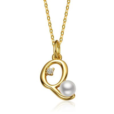 Rozzato Lab Created Kids/Teens Personalized 14K Gold Plated with Initial Pearl Pendant Necklace