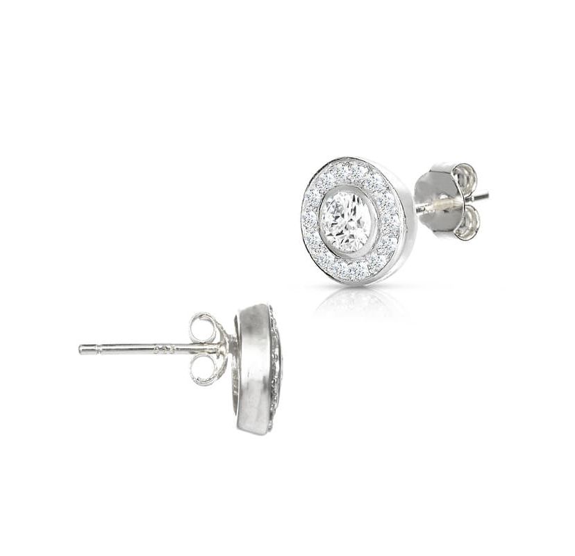 Lab Created Sterling Silver with Clear Cubic Zirconia Halo Stud Earrings
