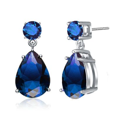 Rozzato Lab Created Sterling Silver White Gold Plating with Colored Oval Shaped Cubic Zirconia Accent Drop Earrings, Blue