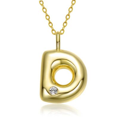 Rozzato Lab Created 14K Gold Plated with Clear Cubic Zirconia Initial Pendant Bubble Letter Necklace