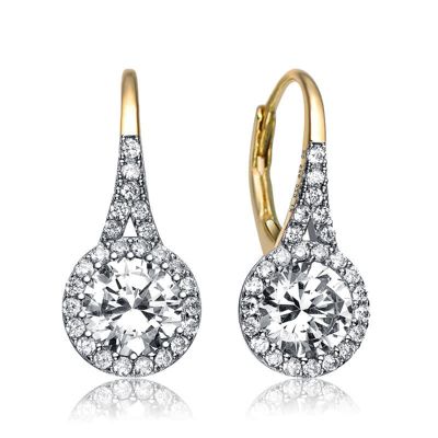 Rozzato Lab Created Sterling Silver with Clear Round Cubic Zirconia Halo Drop Earrings, Gold