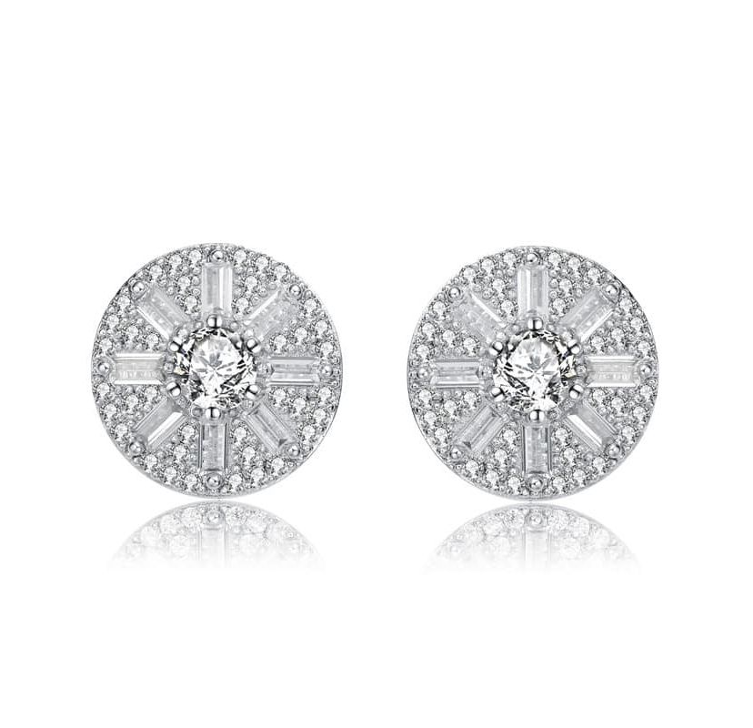 Lab Created Sterling Silver White Gold Plated with Colored Baguette & Round Cubic Zirconia Stud Earrings