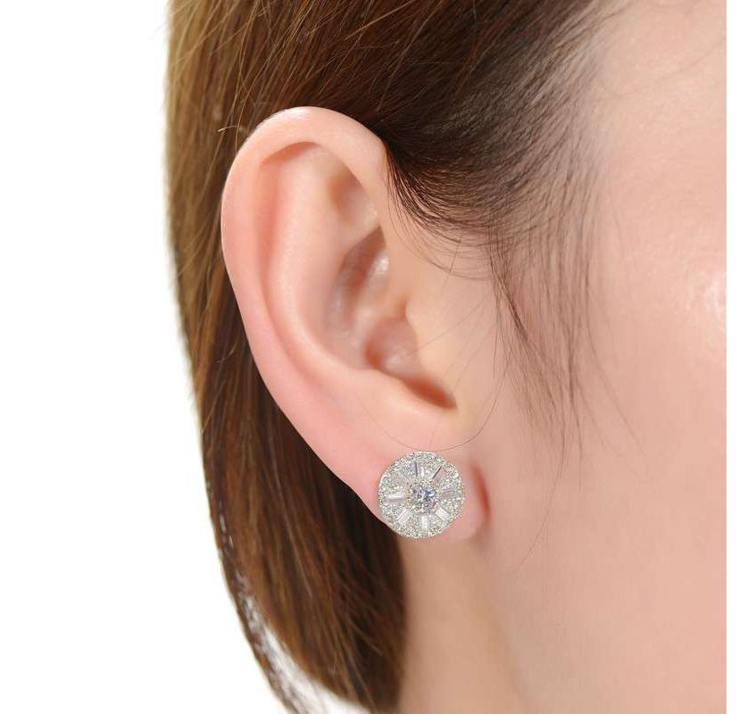Lab Created Sterling Silver White Gold Plated with Colored Baguette & Round Cubic Zirconia Stud Earrings