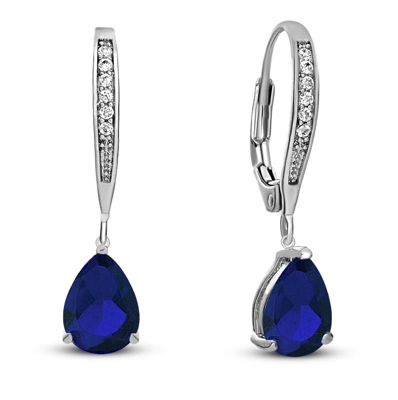 Rozzato Lab Created Sterling Silver White Gold Plating with Colored Cubic Zirconia Teardrop Leaver Back Earrings, Blue