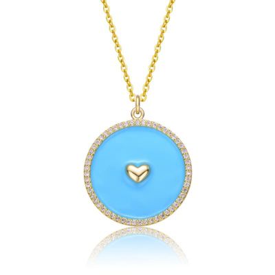 Rozzato Lab Created 14K Gold Plated with clear Cubic Zirconia and Colored Enamel Round Pendant Necklace for Kids, Blue