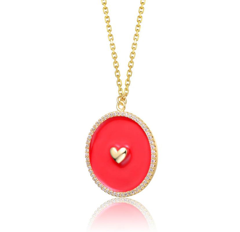 Lab Created 14K Gold Plated with clear Cubic Zirconia and Colored Enamel Round Pendant Necklace for Kids