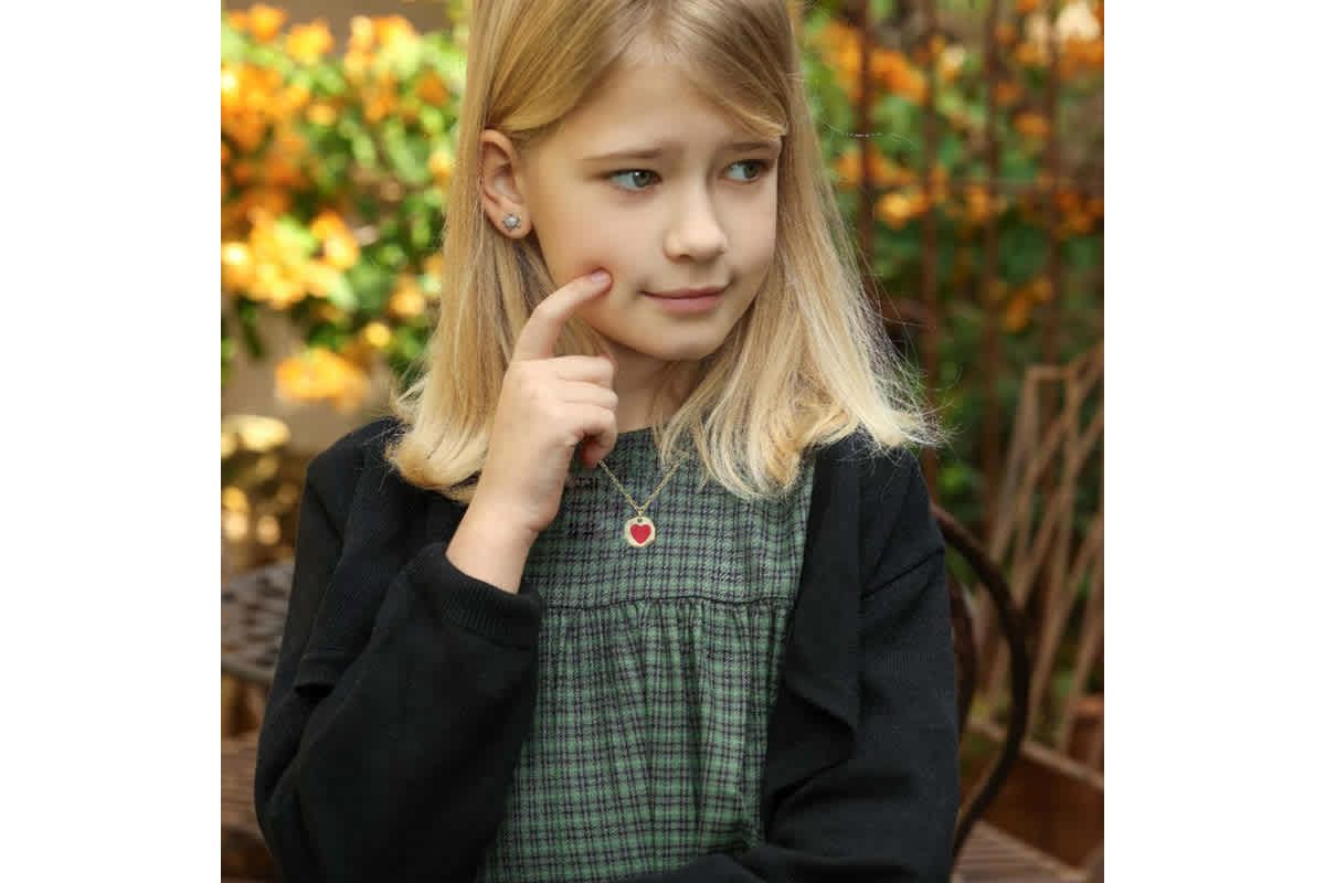 Lab Created Childrens with Colored Heart Enamel Medallion Pendant Necklace