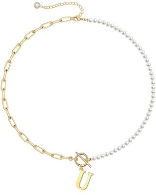 Rozzato Lab Created 14K Gold Plated Initial Imitation Pearl Link Chain Necklace