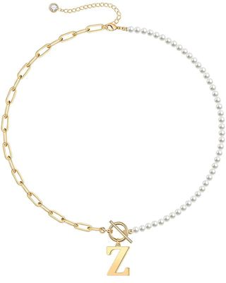 Rozzato Lab Created 14K Gold Plated Initial Imitation Pearl Link Chain Necklace