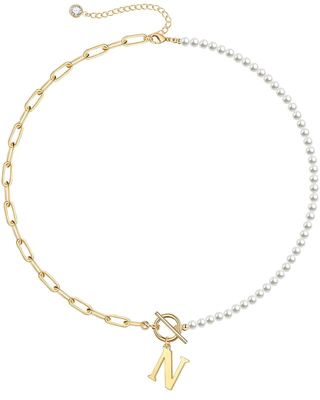 Rozzato Lab Created 14K Gold Plated Initial Imitation Pearl Link Chain Necklace