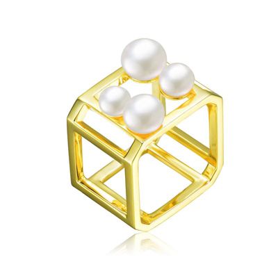 Rozzato Lab Created Sterling Silver 14K Gold Plated with Genuine Freshwater Pearl Hollow Cube Geometric Ring