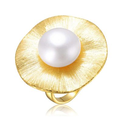 Rozzato Lab Created Sterling Silver 14K Gold Plated with Genuine Freshwater Pearl Floral Ring