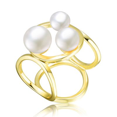 Rozzato Lab Created Sterling Silver 14K Gold Plated with White Freshwater Pearls Open Design Ring
