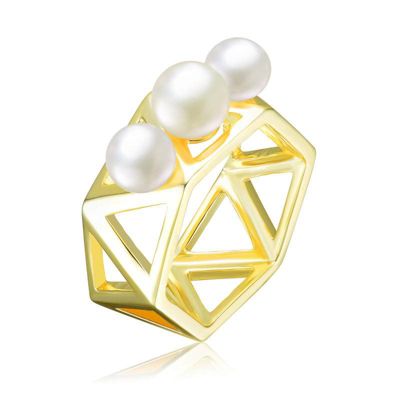 Rozzato Lab Created Sterling Silver 14K Gold Plated with White 6-6.5MM Freshwater Pearls Triangles Geometric Ring