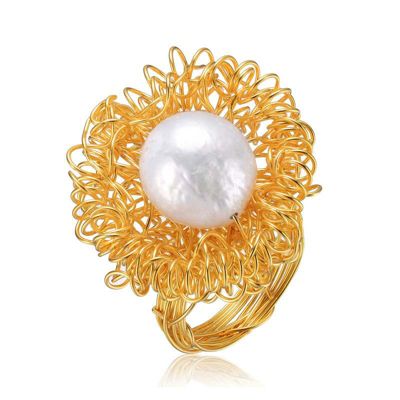 Rozzato Lab Created Sterling Silver 14K Gold Plated with White 14MM Genuine Freshwater Pearl Ring