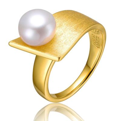 Rozzato Lab Created Sterling Silver 14K Gold Plated with White Genuine Freshwater Pearl Linear Ring