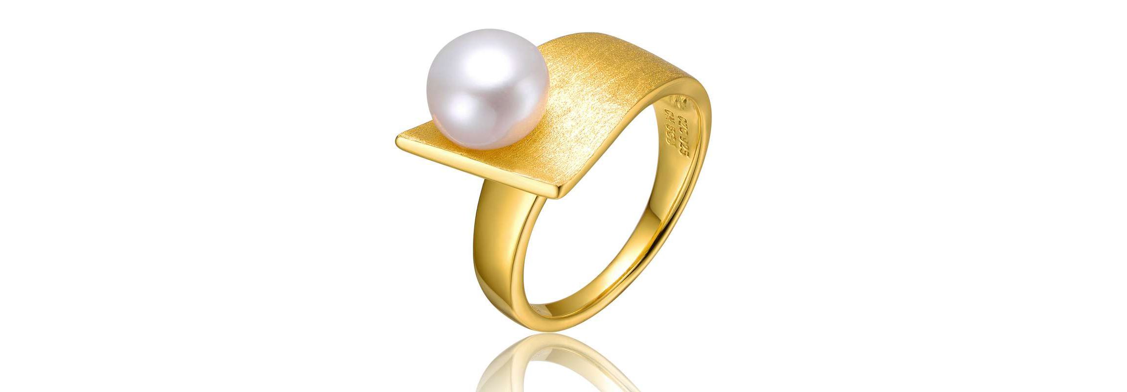 Lab Created Sterling Silver 14K Gold Plated with White Genuine Freshwater Pearl Linear Ring