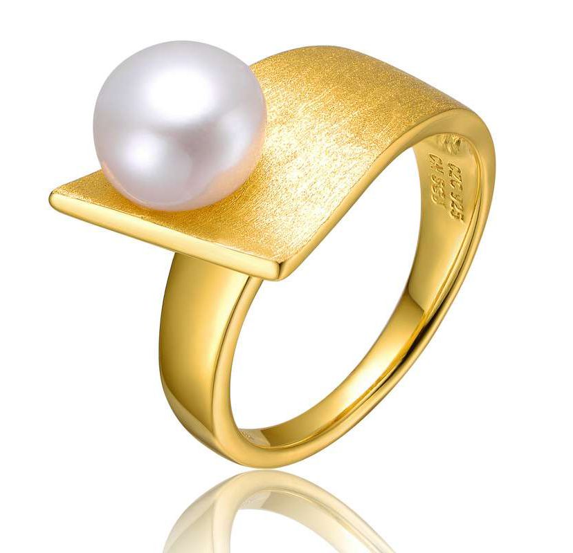 Lab Created Sterling Silver 14K Gold Plated with White Genuine Freshwater Pearl Linear Ring