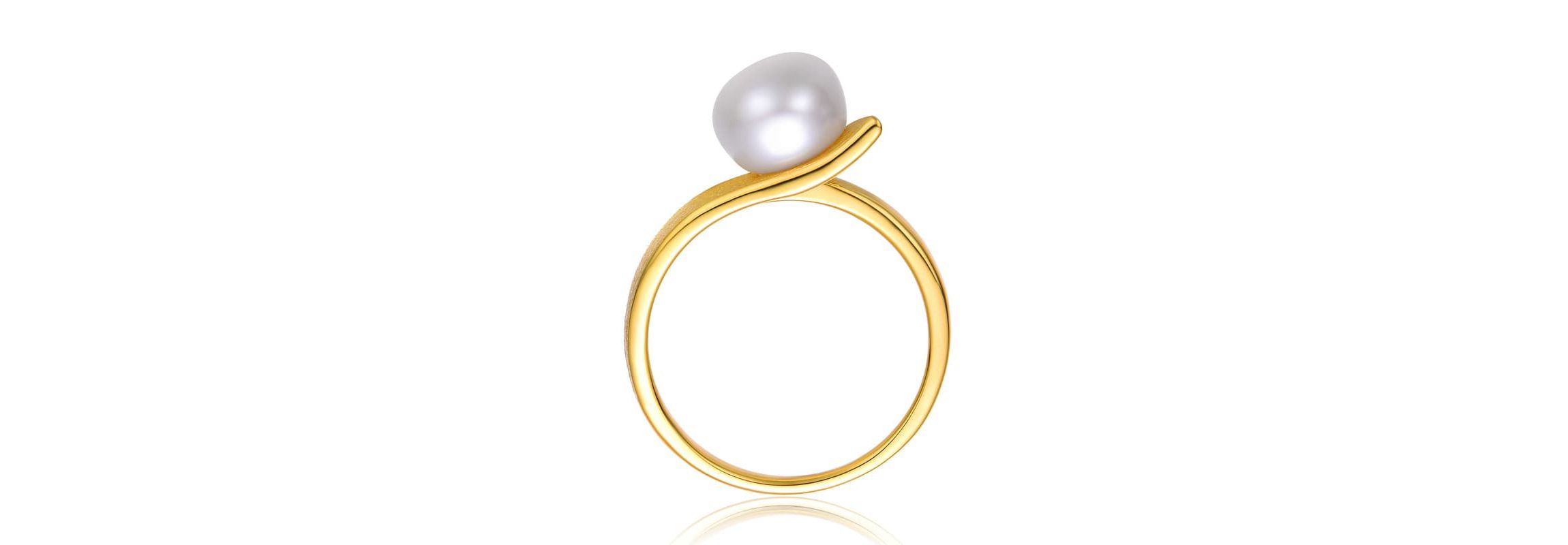 Lab Created Sterling Silver 14K Gold Plated with White Genuine Freshwater Pearl Linear Ring