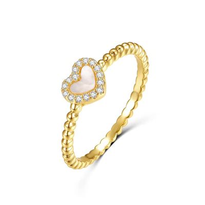Rozzato Lab Created 14K Gold Plated with Mother of Pearl & Cubic Zirconia Beaded Band Promise Stacking Ring for Kids/Teens