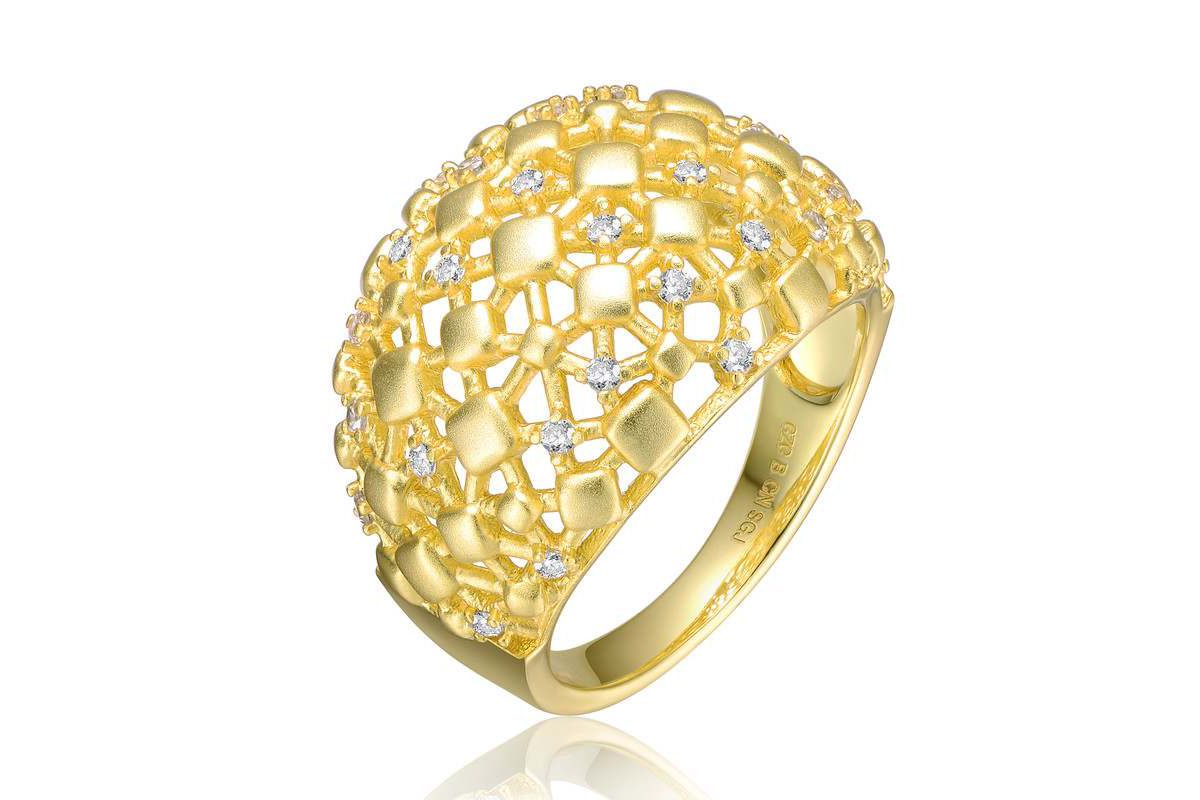 Lab Created 14K Gold Plated with Clear Cubic Zirconia Dome-Shaped Textured Nugget Ring