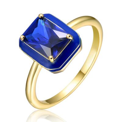 Rozzato Lab Created 14K Gold Plated with Sapphire Blue Cubic Zirconia & Blue Enamel Radiant Solitaire Ring