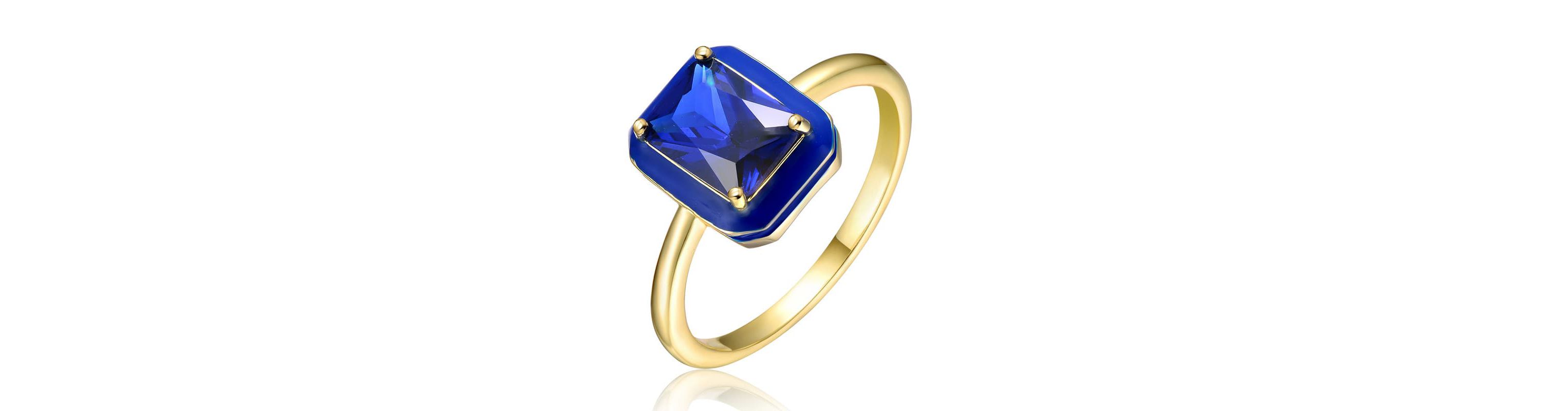 Lab Created 14K Gold Plated with Sapphire Blue Cubic Zirconia & Blue Enamel Radiant Solitaire Ring