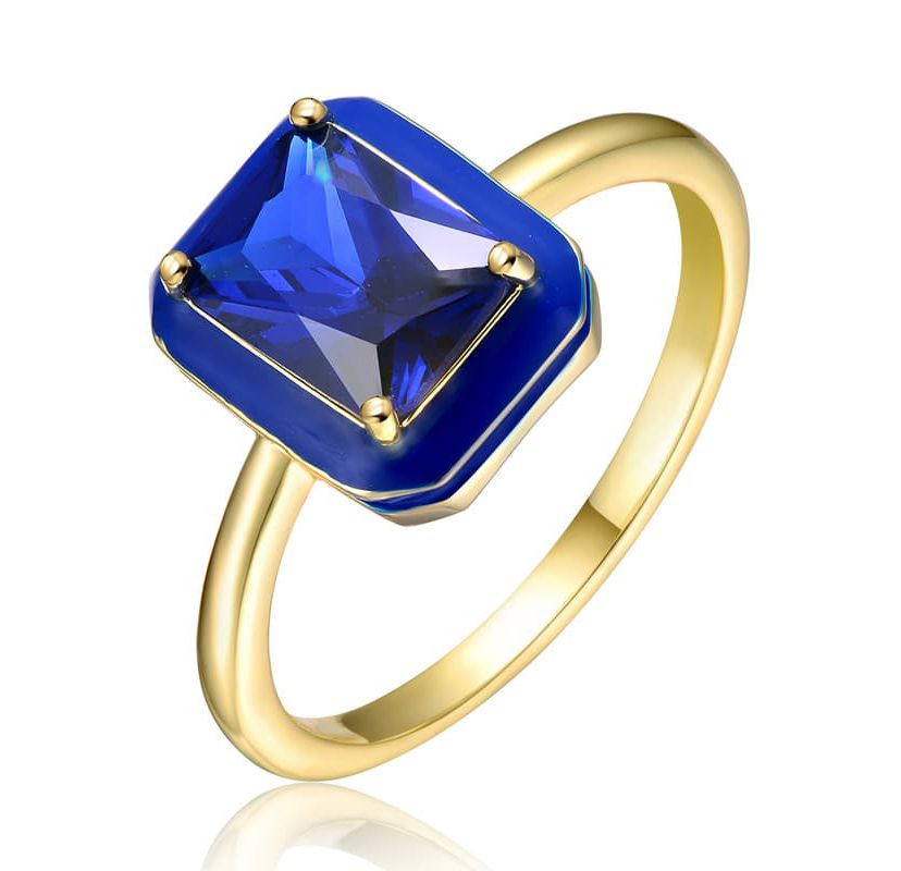 Lab Created 14K Gold Plated with Sapphire Blue Cubic Zirconia & Blue Enamel Radiant Solitaire Ring