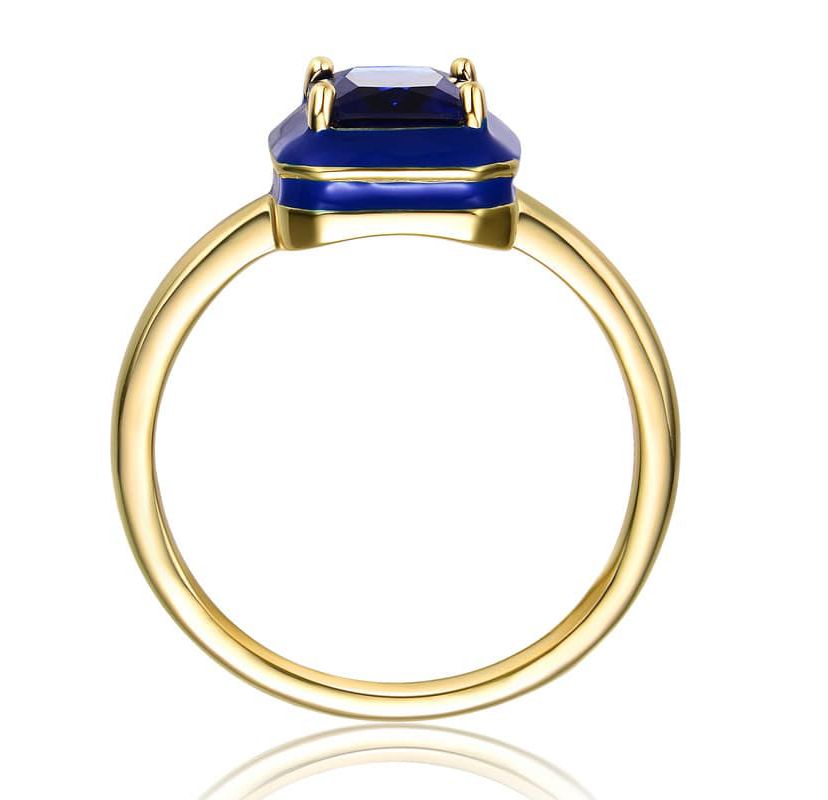 Lab Created 14K Gold Plated with Sapphire Blue Cubic Zirconia & Blue Enamel Radiant Solitaire Ring
