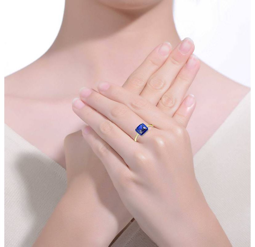 Lab Created 14K Gold Plated with Sapphire Blue Cubic Zirconia & Blue Enamel Radiant Solitaire Ring