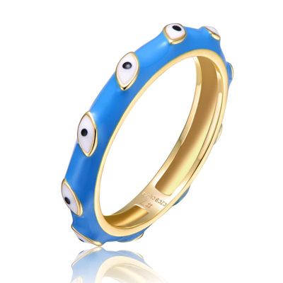 Rozzato Lab Created 14K Gold Plated with Blue Bamboo White Evil Eye Enamel Slim Stacking Band Ring for Kids/Teens, 7