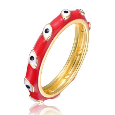 Rozzato Lab Created 14K Gold Plated with Blue Bamboo White Evil Eye Enamel Slim Stacking Band Ring for Kids/Teens